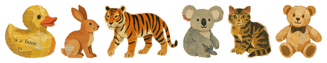 PNG Illustration of cute animals: duck, rabbit, tiger, koala, cat, bear collage element set on transparent background.