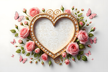 Heart shaped gold frame with pink roses and butterflies isolated on white background