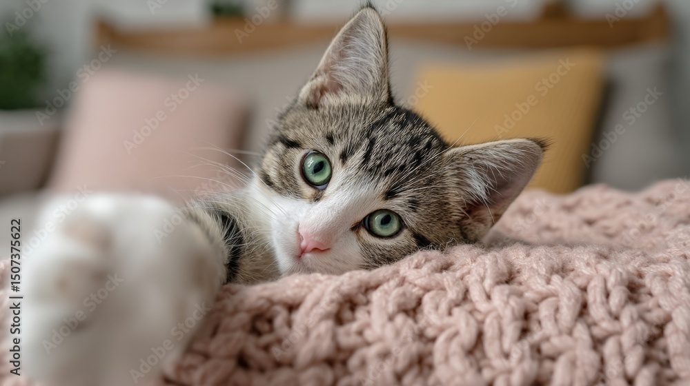 Poster cat is laying on a blanket and looking at the camera. the cat is looking at the camera with a curiou