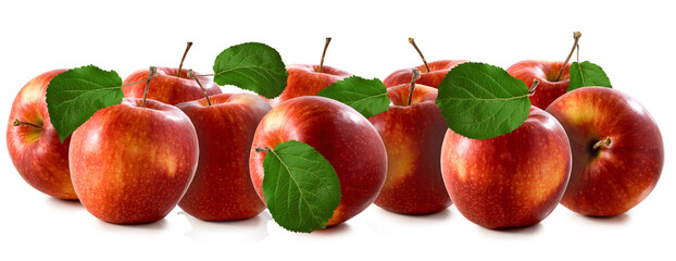 Fresh red apples with green leaves arranged beautifully, perfect for autumn harvest or home decor