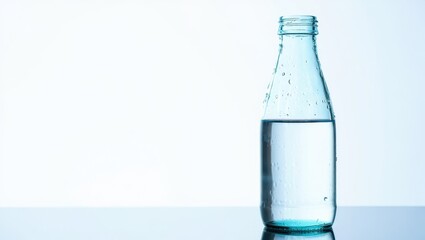 Elegant Glass Bottle of Fresh Water with Condensation on a Reflective Surface and White Background