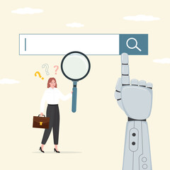 Businesswoman searching information, big robot hand points to search bar. Chat bot artificial intelligence help in data search. Technology of automatic analysis, web browsing.