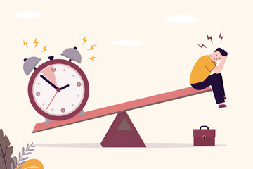 Deadline concept. Unbalanced seesaw, big alarm clock outweighs the worker man. Unhappy businessman fails to complete task or project. Inefficiency, task failure