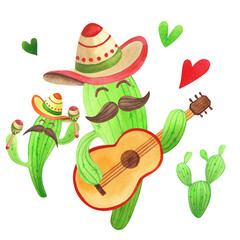 Watercolor set of cute cartoon cacti with guitar and maracas isolated on white background. Hand painted green plants in sombrero for children's illustration and design.