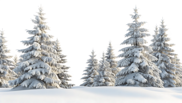 Winter landscape with snow-covered fir trees in the forest isolated on white background PNG 