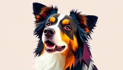 Vibrant geometric border collie portrait, playful expression, polygon art,  triangles,  animal