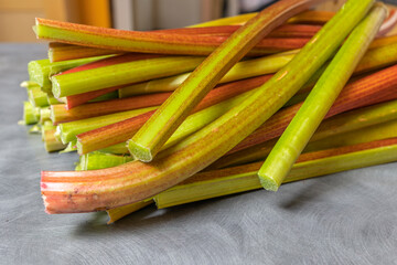 Close-up of Fresh Rhubarb Stalks on Gray Kitchen Coounter