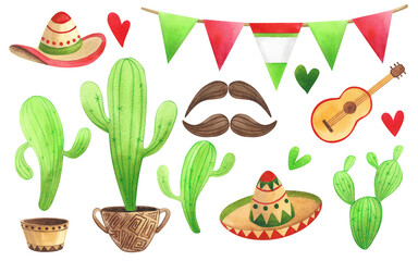 Watercolor set of cute cartoon cacti with guitar and maracas isolated on white background. Hand painted green plants in sombrero for children's illustration and design.