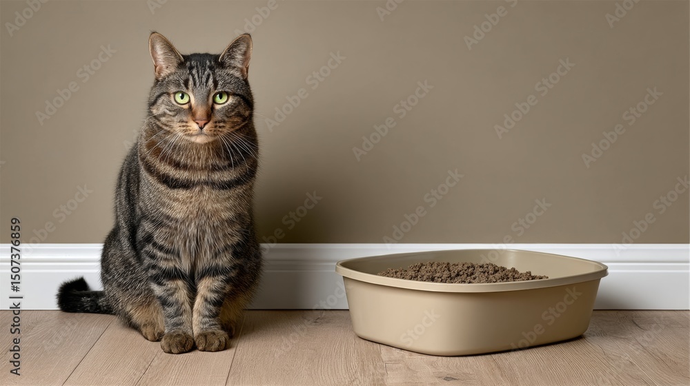 Poster cat is sitting on the floor next to a cat litter box. the cat is looking at the camera with a curiou