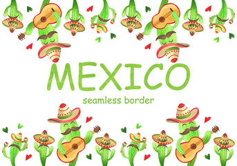 Watercolor seamless border with cute cartoon cacti with guitar and maracas. Hand painted green plants in sombrero for children's illustration and design.