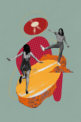 Exclusive creative collage of happy girl guy dance together jump retro vinyl disk celebration 90s...