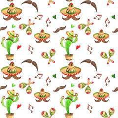 Watercolor seamless pattern with cute cartoon cacti with guitar and maracas. Hand painted green plants in sombrero for children's illustration and design.