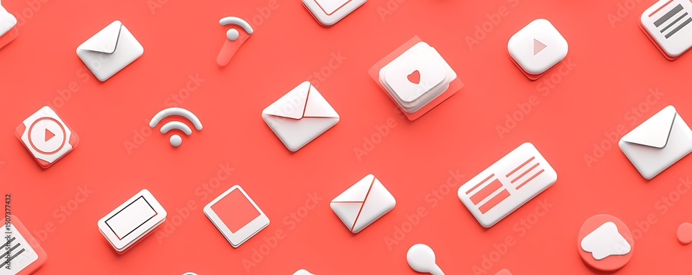 Poster modern communication icons isolated on a bright coral background with minimal design