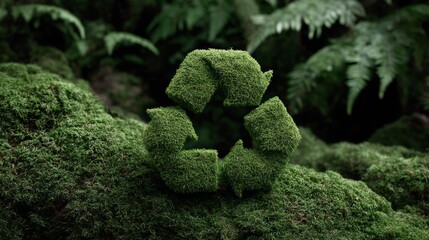 Green plant is shown in a forest setting with a green circle that is made up of smaller green plants. The circle is a symbol of recycling and the plant is a representation of nature
