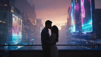 A silhouetted couple tender kiss sunset on a neon-lit rooftop in a futuristic cyberpunk city, digital rain, glowing billboards soft lens flare atmosphere, moody color palette of purples oranges - Powered by Adobe