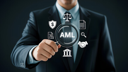 AML Compliance Concept with Magnifying Glass, Legal, and Business Icons