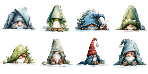 Collection of Christmas Elements, Gift Box, Snowman, Bells, Gnome, and Christmas Trees.