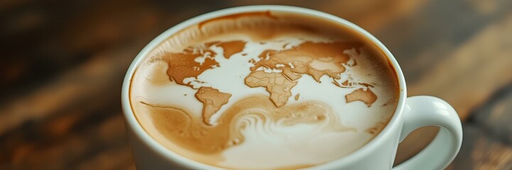 World Coffee in a Cup: A close-up shot of a cup of coffee featuring the map of the world drawn with milk foam, set on a wooden table, reflecting on global unity and coffee culture. 