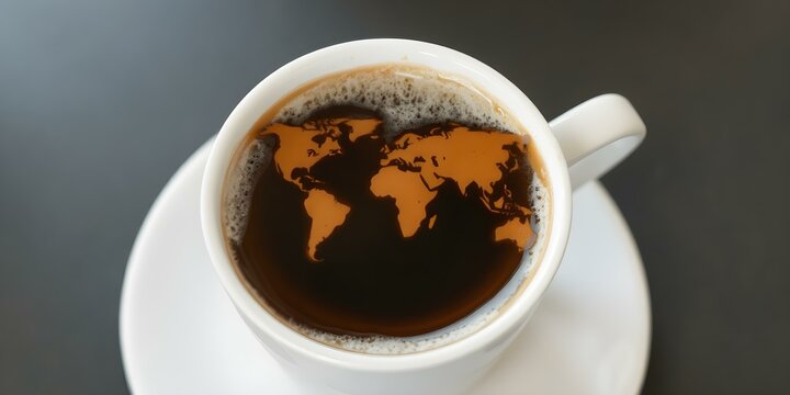 Global Coffee: A creative shot shows a cup of coffee with a world map, perfect for coffee lovers. A fresh beverage concept, symbolizing global connection and the world in a cup. 