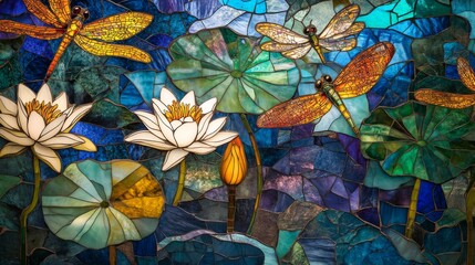 Beautiful stained glass artwork depicting dragonflies and water lilies on a vibrant blue background