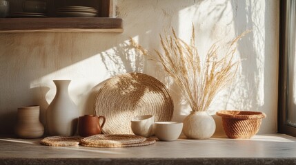 Stylish kitchen decor featuring natural materials and handmade pottery