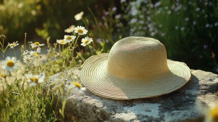 Straw hat resting on a stone surrounded by wildflowers in a sunny garden during summer
