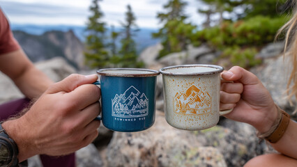 Friends clink enamel mugs together in a cheerful toast, set against a scenic mountain backdrop. The moment captures celebration, connection, and rustic outdoor charm in a natural setting.