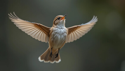 Obraz premium Common Nightingale in flight, delicate wings spread in song. Naturalistic detail, transparent background, no extras.