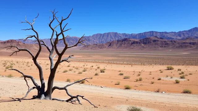 Arid desert landscape with dead tree against mountains and blue sky