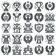Victory, achievement line icon set. Vector pictograms of trophy, first place medal, celebration, laurel wreath, crown, and winner podium thin linear illustration