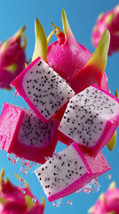 Fresh Dragon Fruit Cubes Suspended Vertically – Soft Pastel Backdrop, Ultra HD Food Photography