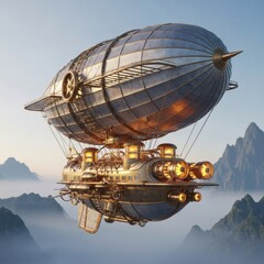 Obraz premium Steampunk Airship Soaring Above Misty Mountains A Futuristic Vision of Flight