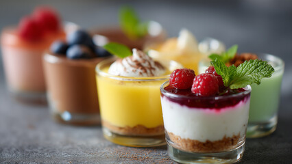 Mini desserts in glass cups are lined up neatly in a row, showcasing colorful layers and textures. Each cup features delicate, bite-sized sweets perfect for elegant parties or tasting menus.