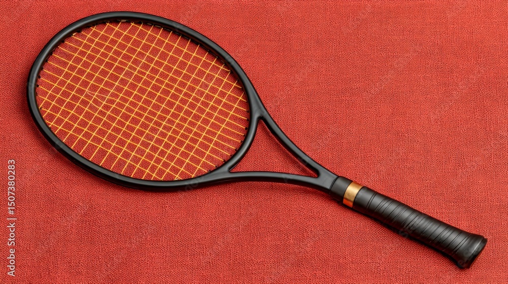 Poster tennis racket with orange strings on a red textured background