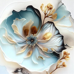 contemporary floral art, blue and gold background