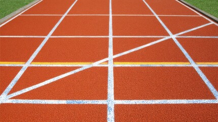 Fototapeta premium Close-up of a vibrant orange running track with white lane markings and geometric lines