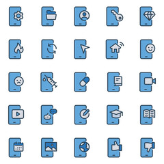 Filled blue outline icons set for Smartphone services