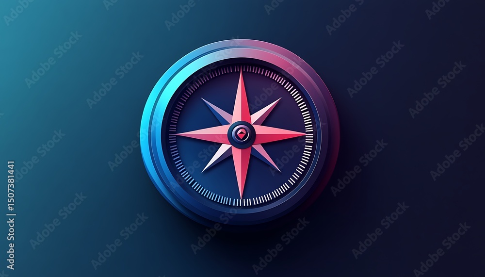Poster round 3d vector navigation icon with a directional compass, gradient cyan and navy blue background