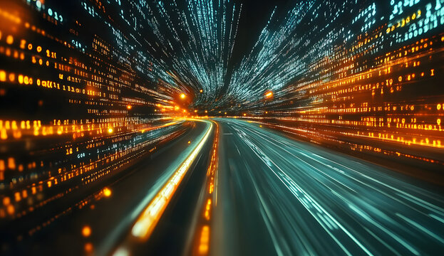 Highway flyover with binary code numbers on motion blurred asphalt road , speed and faster digital matrix technology information concept
