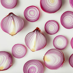 Red Onions Sliced and Arranged on a White Background