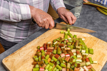 High Angle View of Woman Chopping Fresh Rhubarb Stalks on Wooden Chopping Board