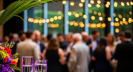 Elegant Evening Gathering Festive Party Atmosphere with Warm Lighting and Floral Arrangements