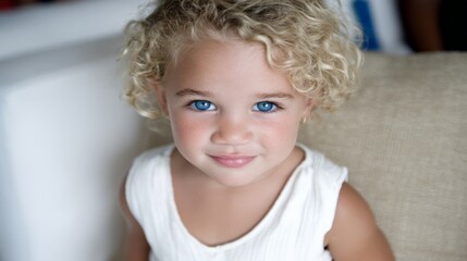 Naklejka premium Close-up of a young girl with curly blonde hair and bright blue eyes smiling softly