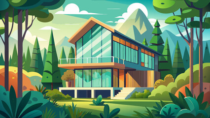 Fototapeta premium A modern eco-friendly house nestles within a lush green forest landscape, blending contemporary design with nature. Large windows invite sunlight, promoting sustainability, serenity, and harmony.