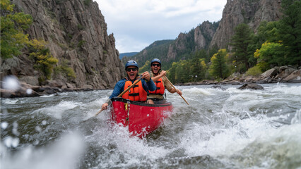 Two friends wearing helmets and life vests paddle a red canoe through roaring whitewater rapids in a rugged mountain river. Water splashes dramatically as they shout with excitement.