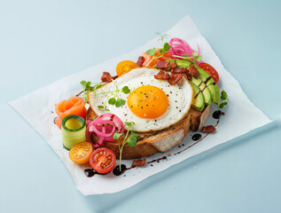 Delicious Fried Egg on Toast with Vegetables and Salmon