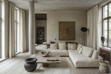 Modern Minimalist Living Room with Natural Light and Earthy Tones