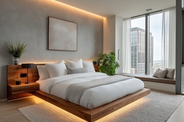 Sleek Minimalist Bedroom With Smart Lighting And Floating Contemporary Design Accents