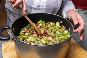 Stirring Sugar into a Pot of Chopped Rhubarb for Cooking