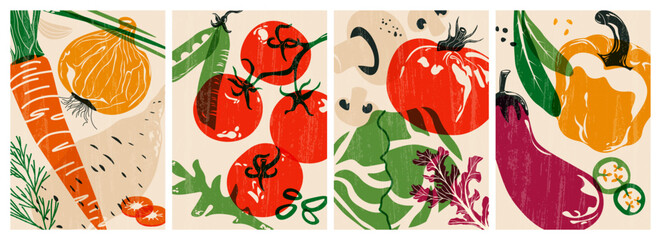 Fresh vegetable posters. Organic veggies natural food farm products for healthy diet, tomato pepper onion greens risograph covers for vegetarian restaurant menu. Vector cartoon set